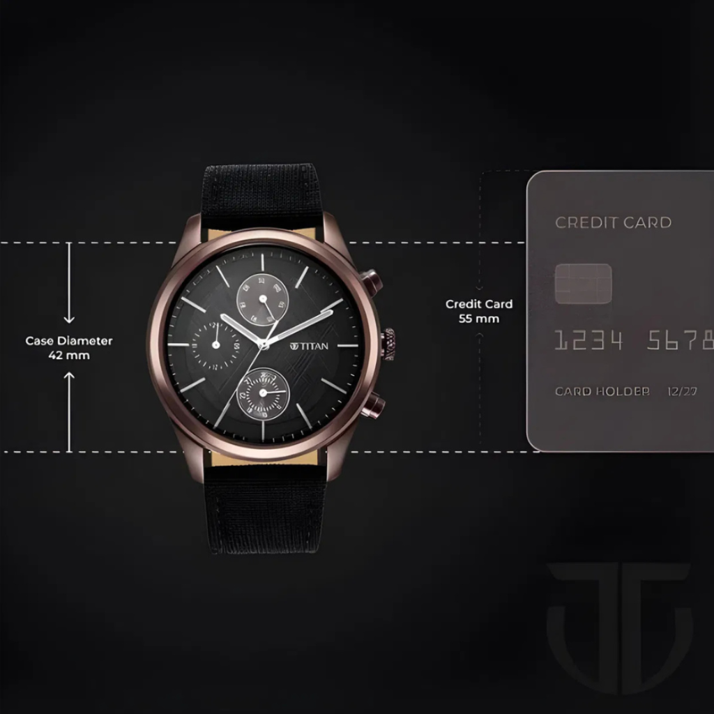Titan 1805QP01 | Men's Infinity Chrono watch: Precise Blue Dial, Rose Gold Highlights, Durable Leather Strap