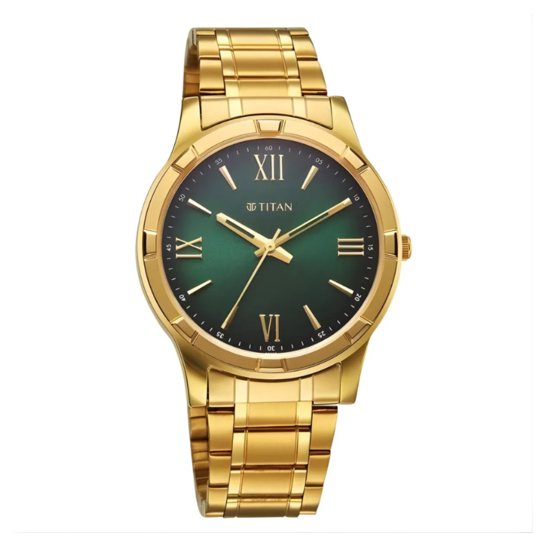 Titan 10058YM04 | Titan Karishma Quartz Analog Green Dial Golden Stainless Steel Strap Watch For Men