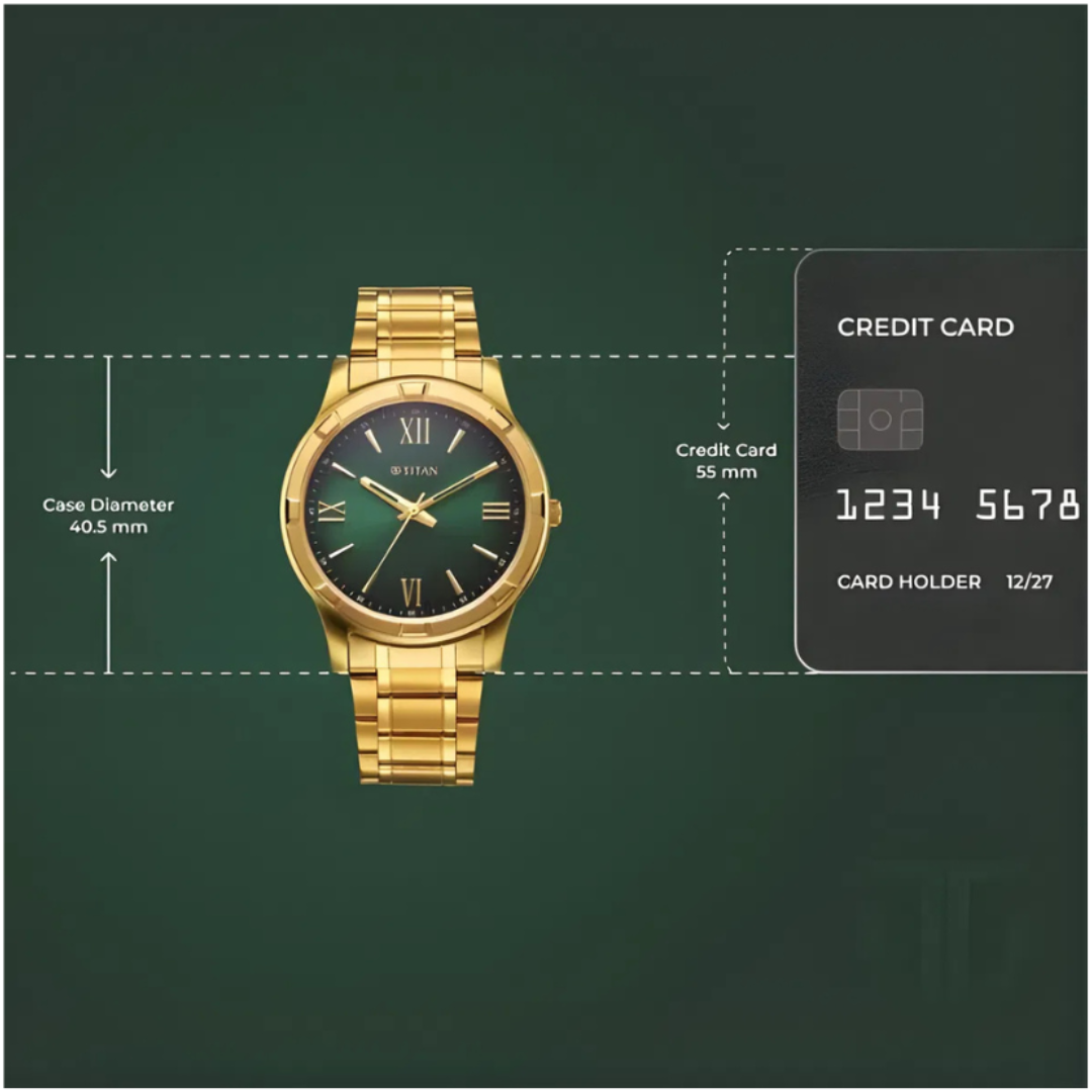 Titan 10058YM04 | Titan Karishma Quartz Analog Green Dial Golden Stainless Steel Strap Watch For Men