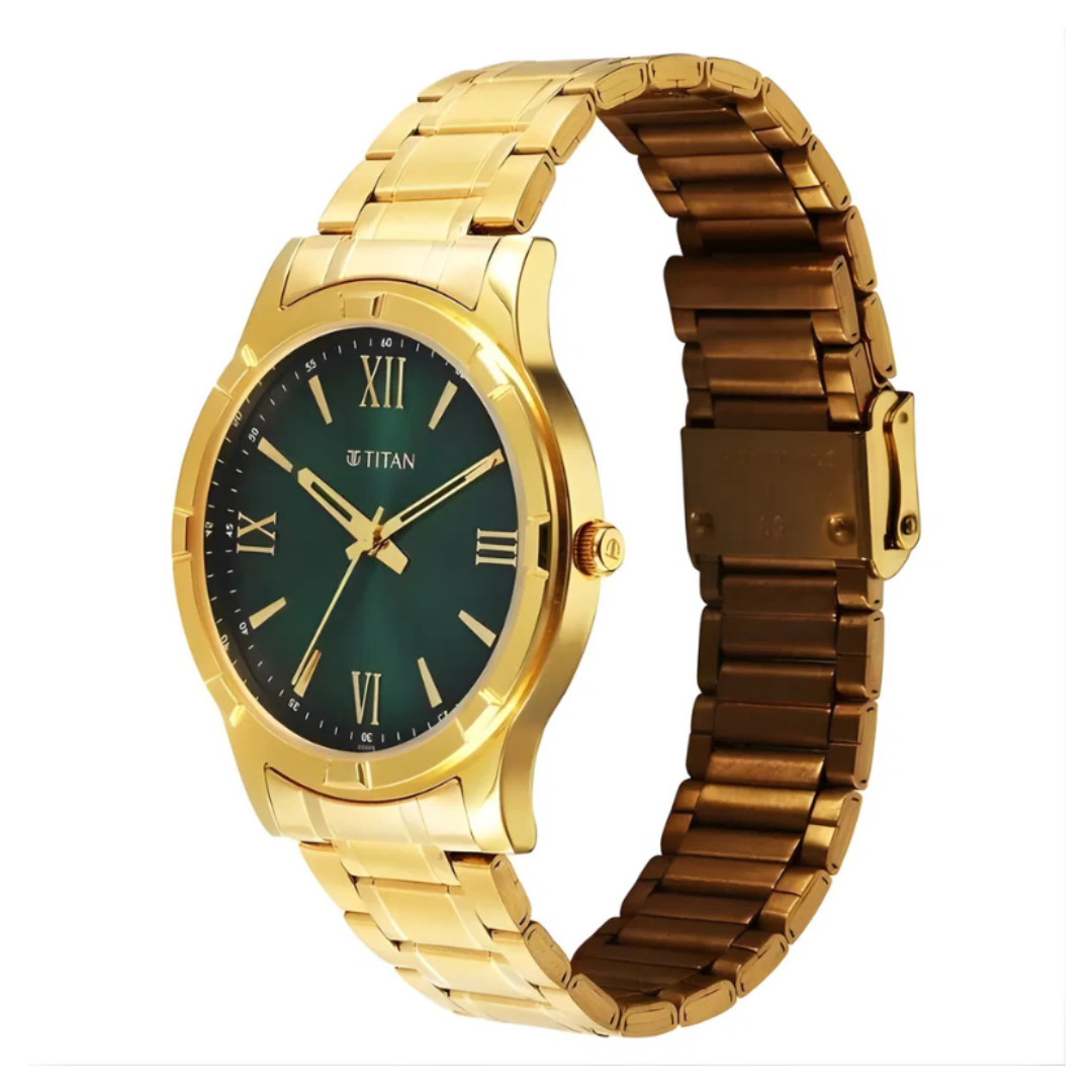 Titan 10058YM04 | Titan Karishma Quartz Analog Green Dial Golden Stainless Steel Strap Watch For Men