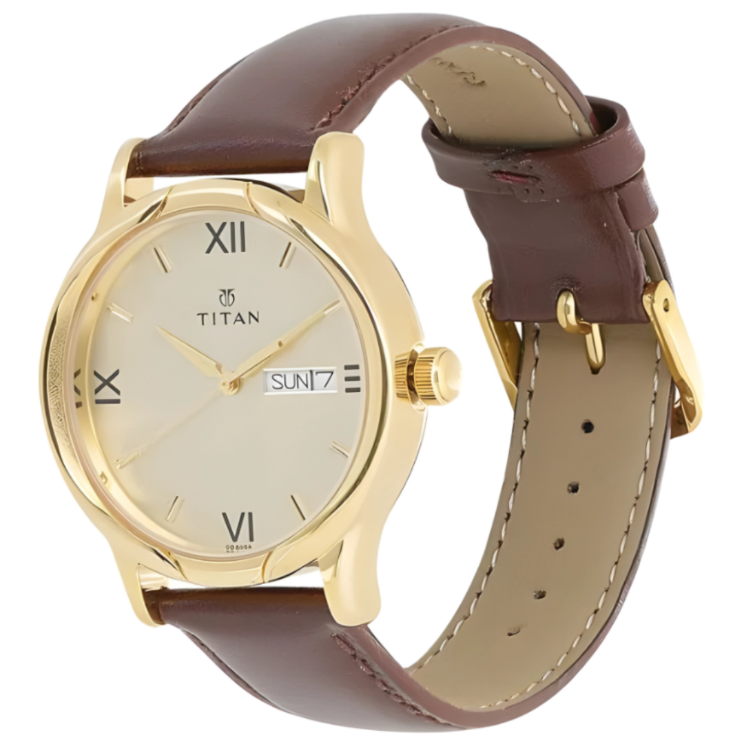 Titan 1580YL05 | Titan Champagne Dial Analog with Day and Date Leather Strap watch for Men