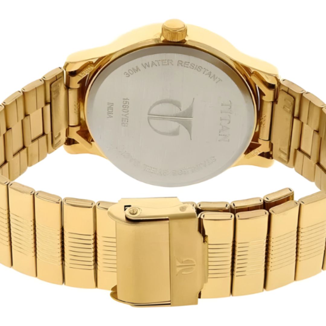 Titan 1580YM05 | Titan Analog with Day and Date Champagne Dial Metal Strap watch for Men