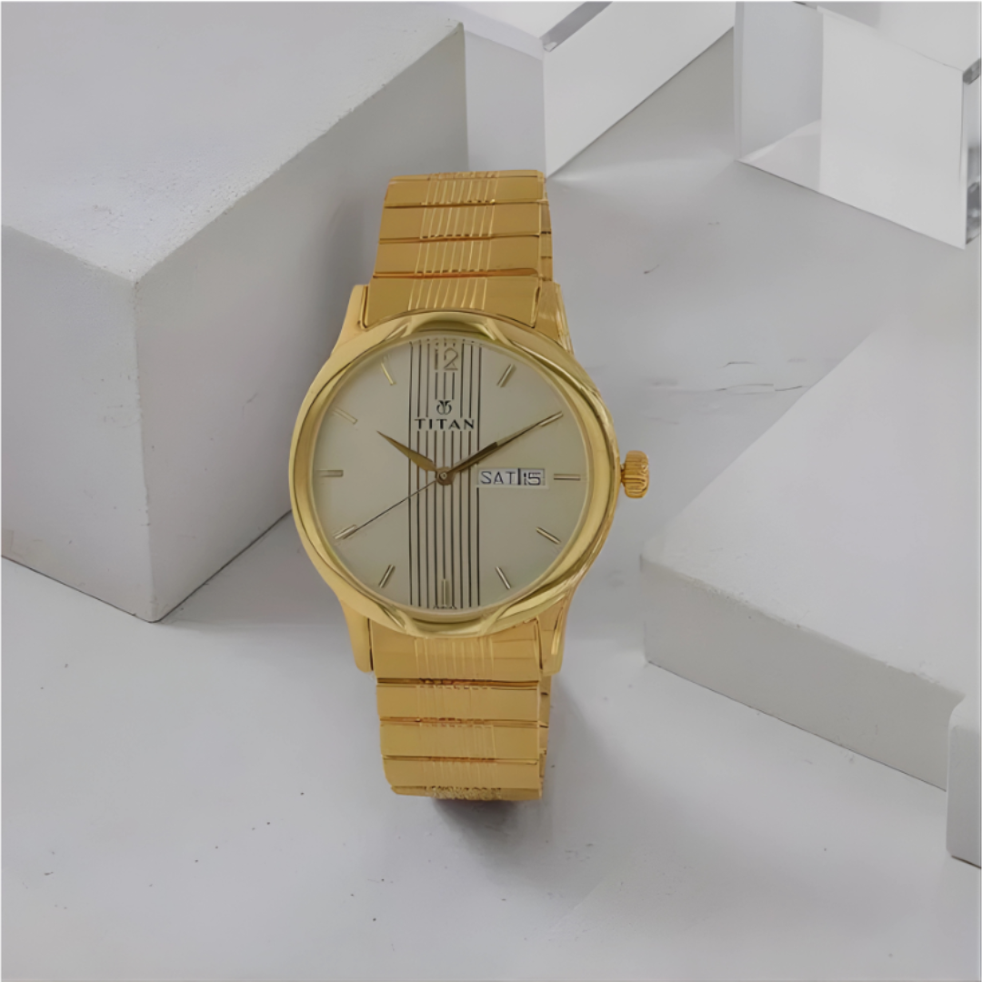 Titan 1580YM05 | Titan Analog with Day and Date Champagne Dial Metal Strap watch for Men