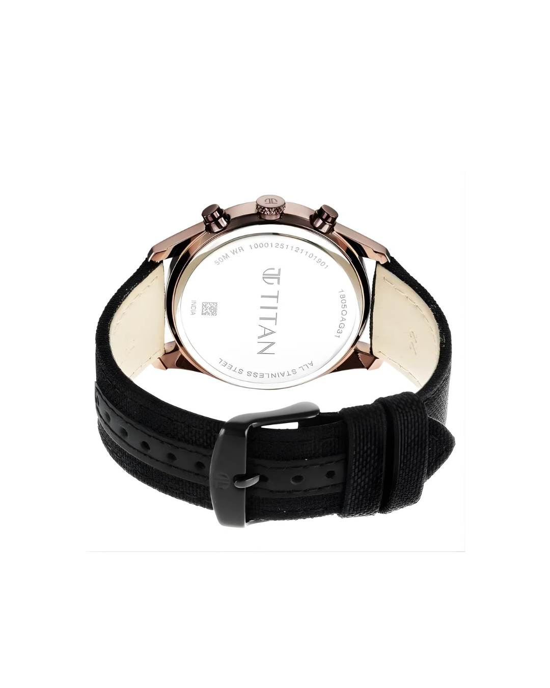 Titan 1805QP01 | Men's Infinity Chrono watch: Precise Blue Dial, Rose Gold Highlights, Durable Leather Strap