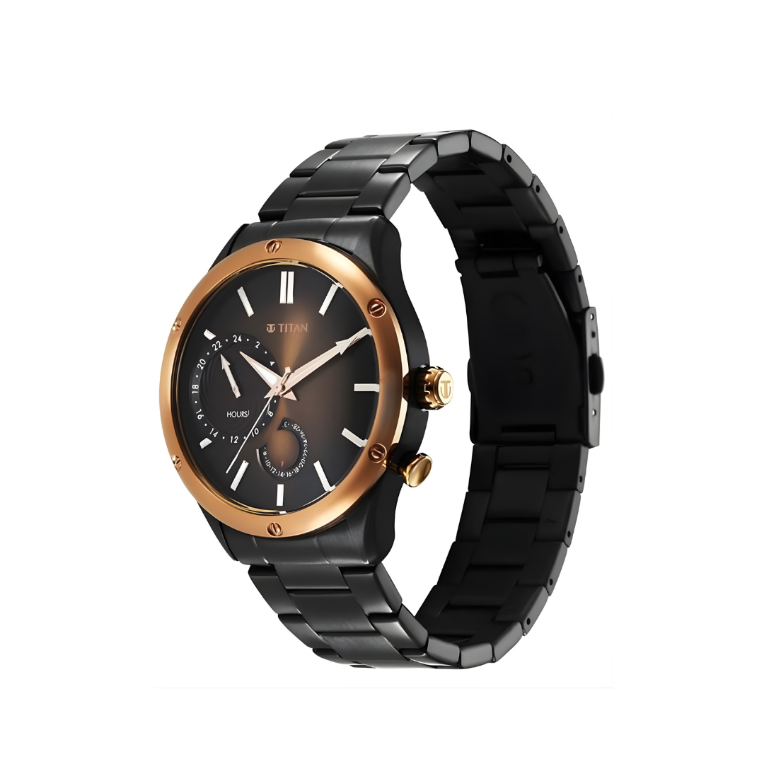 Titan 10009KM02 | Titan Stellar Multifunction Brown Dial Black Stainless Steel Strap Watch For Men