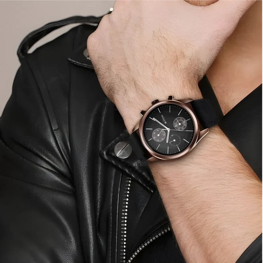 Titan 1805QP01 | Men's Infinity Chrono watch: Precise Blue Dial, Rose Gold Highlights, Durable Leather Strap