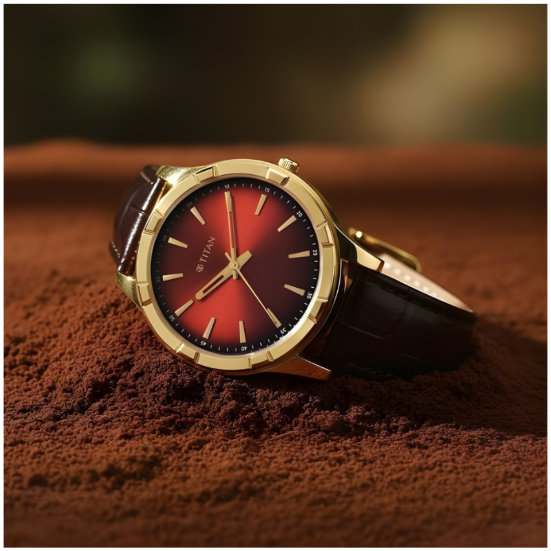 Titan 10058YL01 | Titan Karishma Festive Analog with Mahogany Brown Dial Brown Leather Strap Watch for Men
