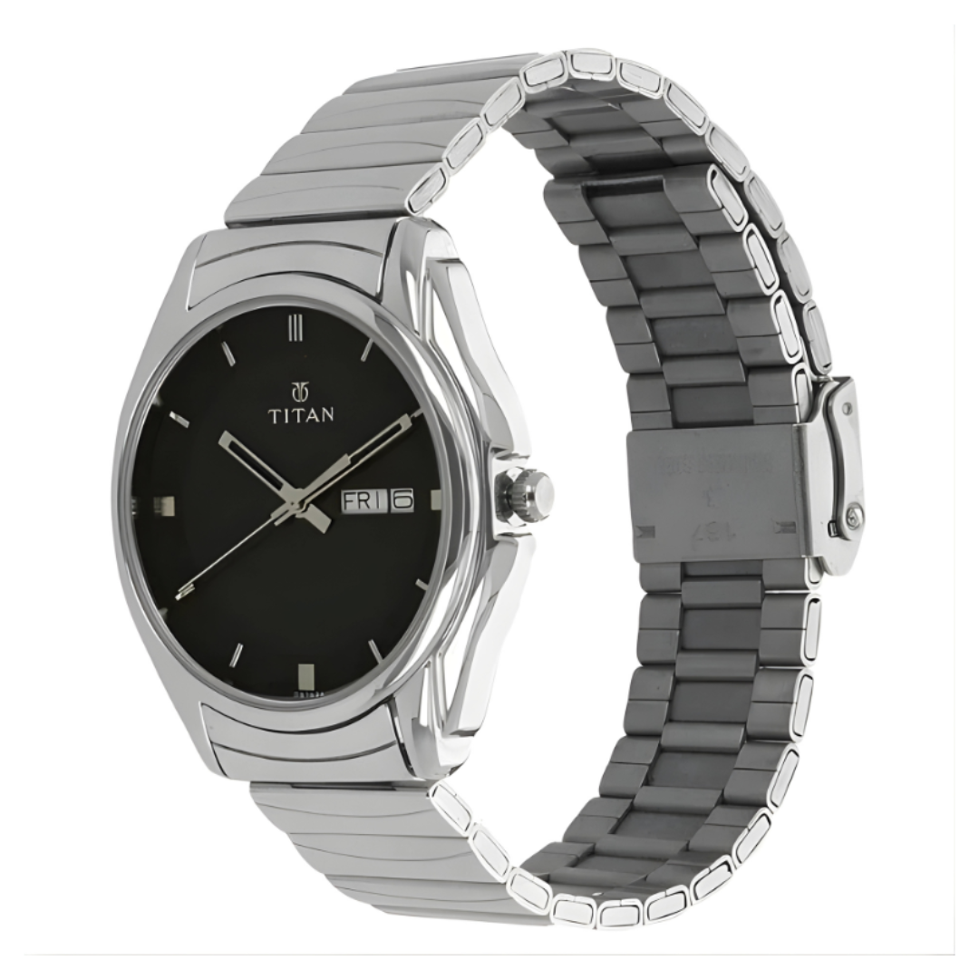 Titan 1578SM04 | Titan Quartz Analog with Day and Date Black Dial Stainless Steel Strap Watch for Men - 38 mm Case Size - Medium Dial