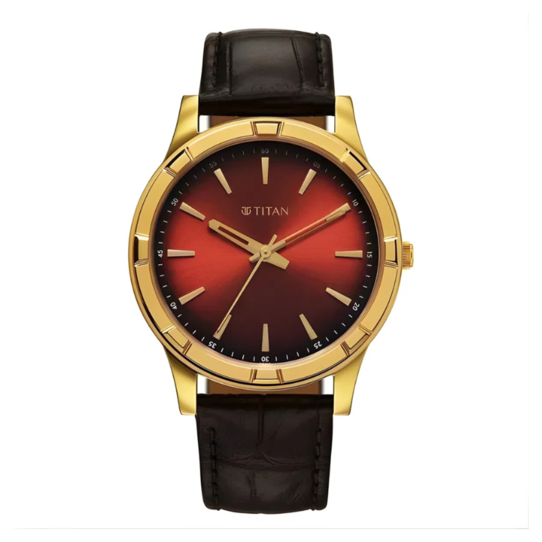 Titan 10058YL01 | Titan Karishma Festive Analog with Mahogany Brown Dial Brown Leather Strap Watch for Men