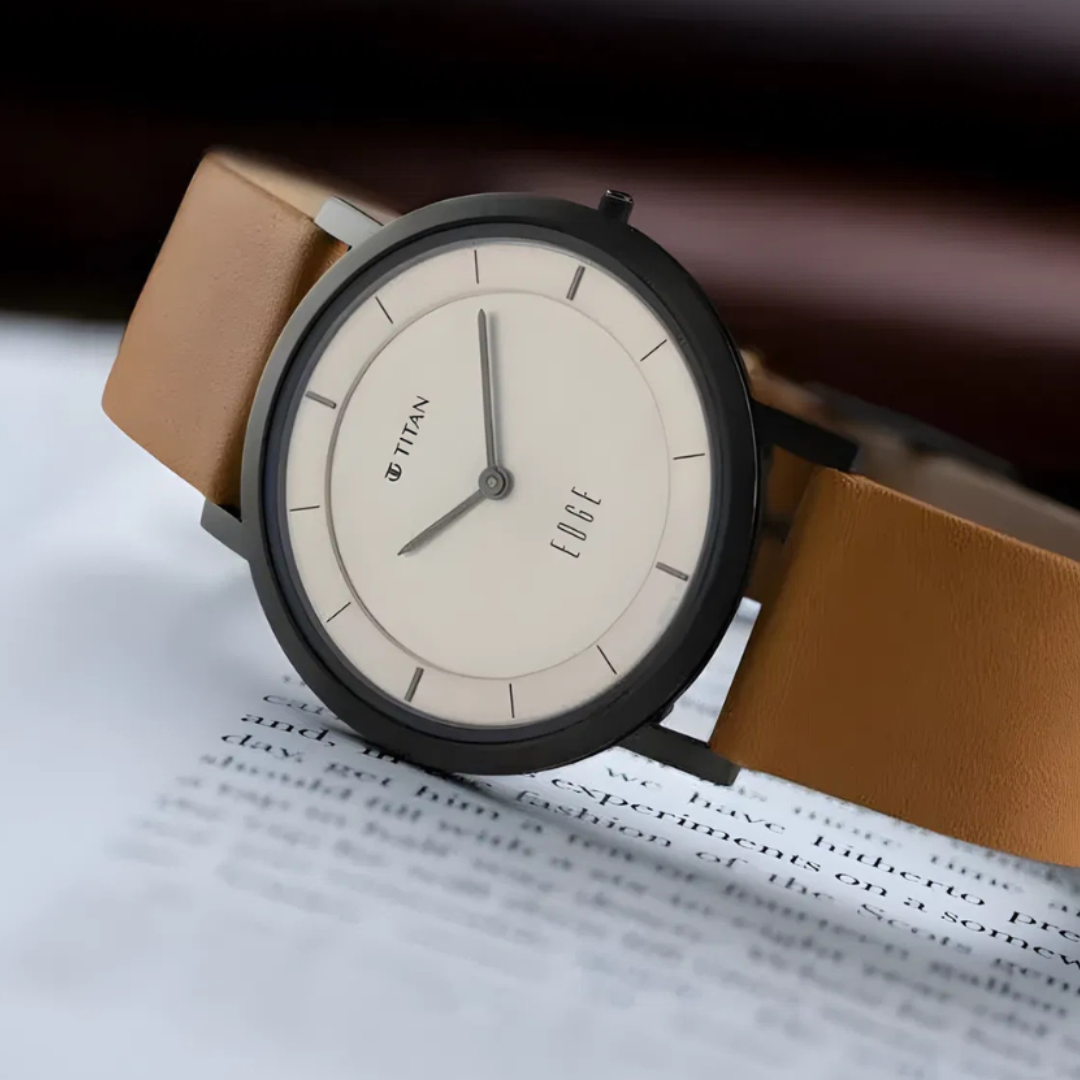 Titan 1595QL01 | Titan Edge Beige Dial Analog Leather Strap watch for Men