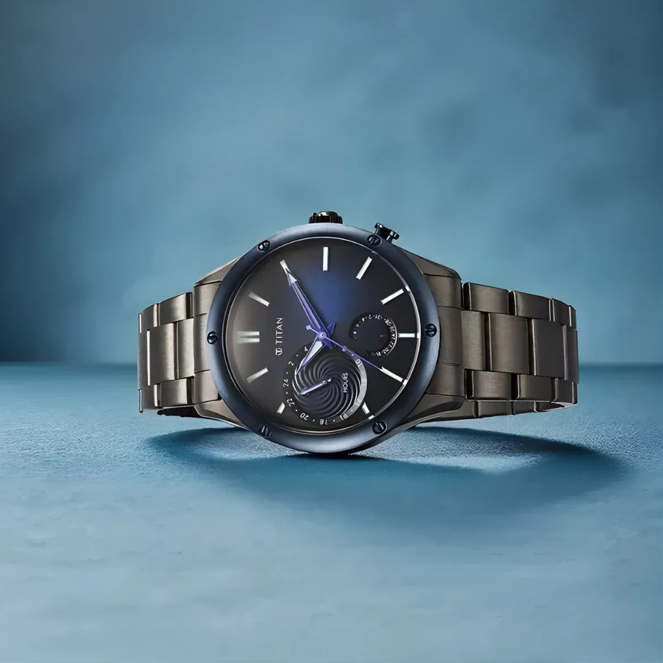 Titan 10009KM01 | Titan Stellar Multifunction Blue Dial Grey Stainless Steel Strap Watch For Men
