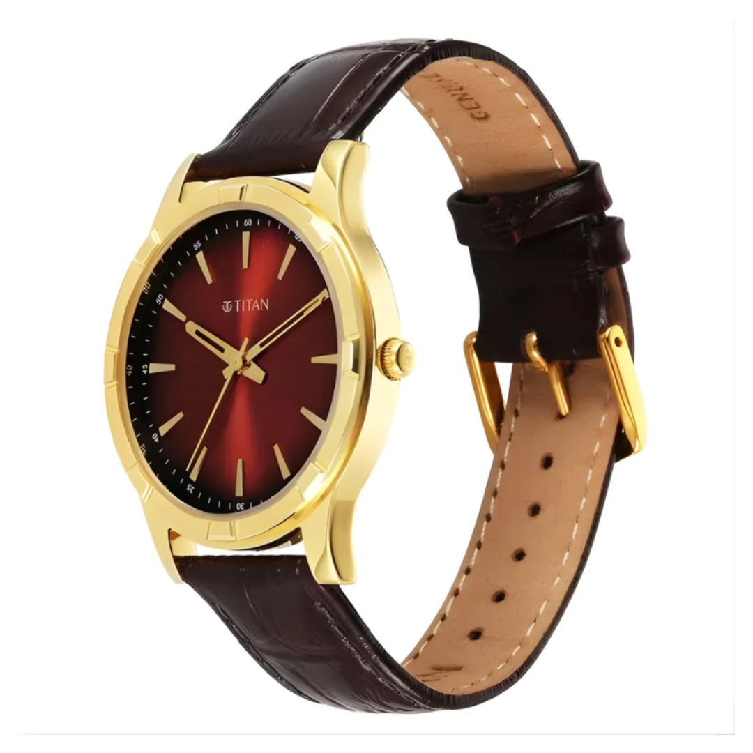 Titan 10058YL01 | Titan Karishma Festive Analog with Mahogany Brown Dial Brown Leather Strap Watch for Men