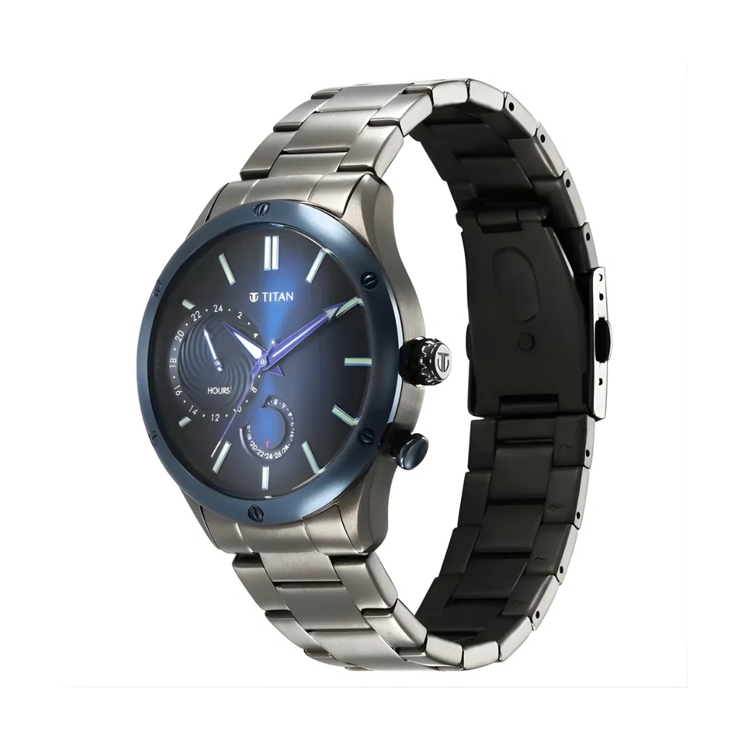 Titan 10009KM01 | Titan Stellar Multifunction Blue Dial Grey Stainless Steel Strap Watch For Men