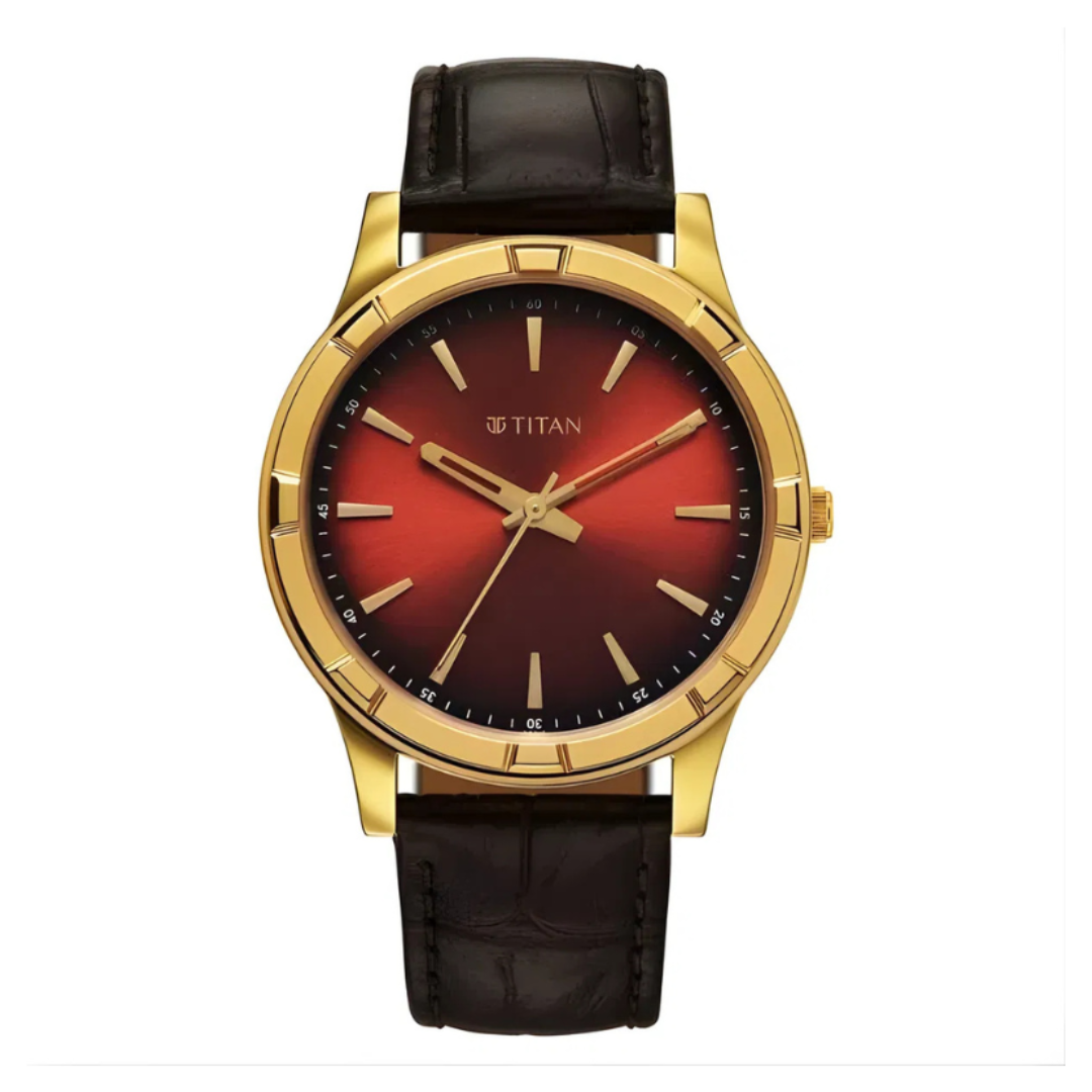 Titan 10058YL01 | Titan Karishma Festive Analog with Mahogany Brown Dial Brown Leather Strap Watch for Men