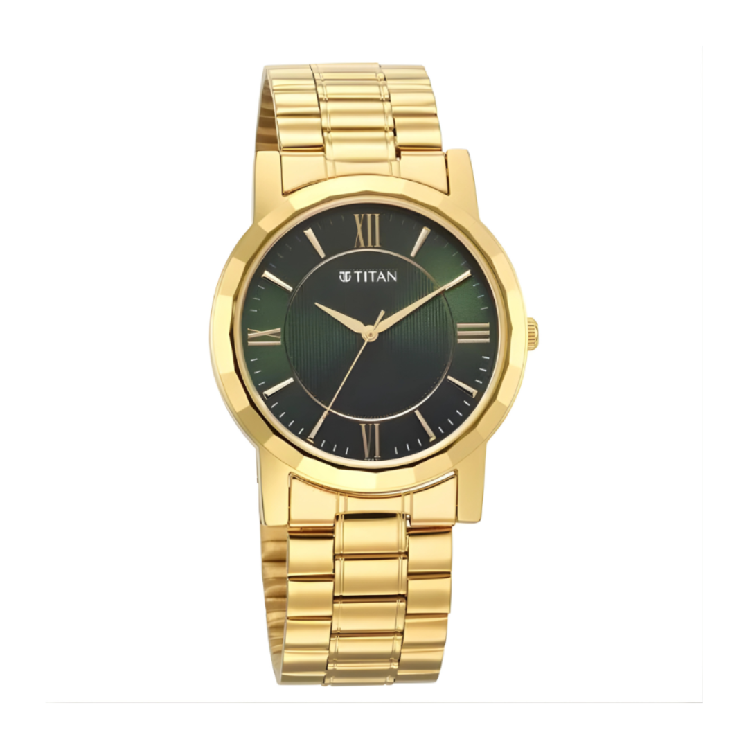 Titan 1644YM05 | Titan Karishma Zing Quartz Analog Green Dial Golden Stainless Steel Strap Watch For Men