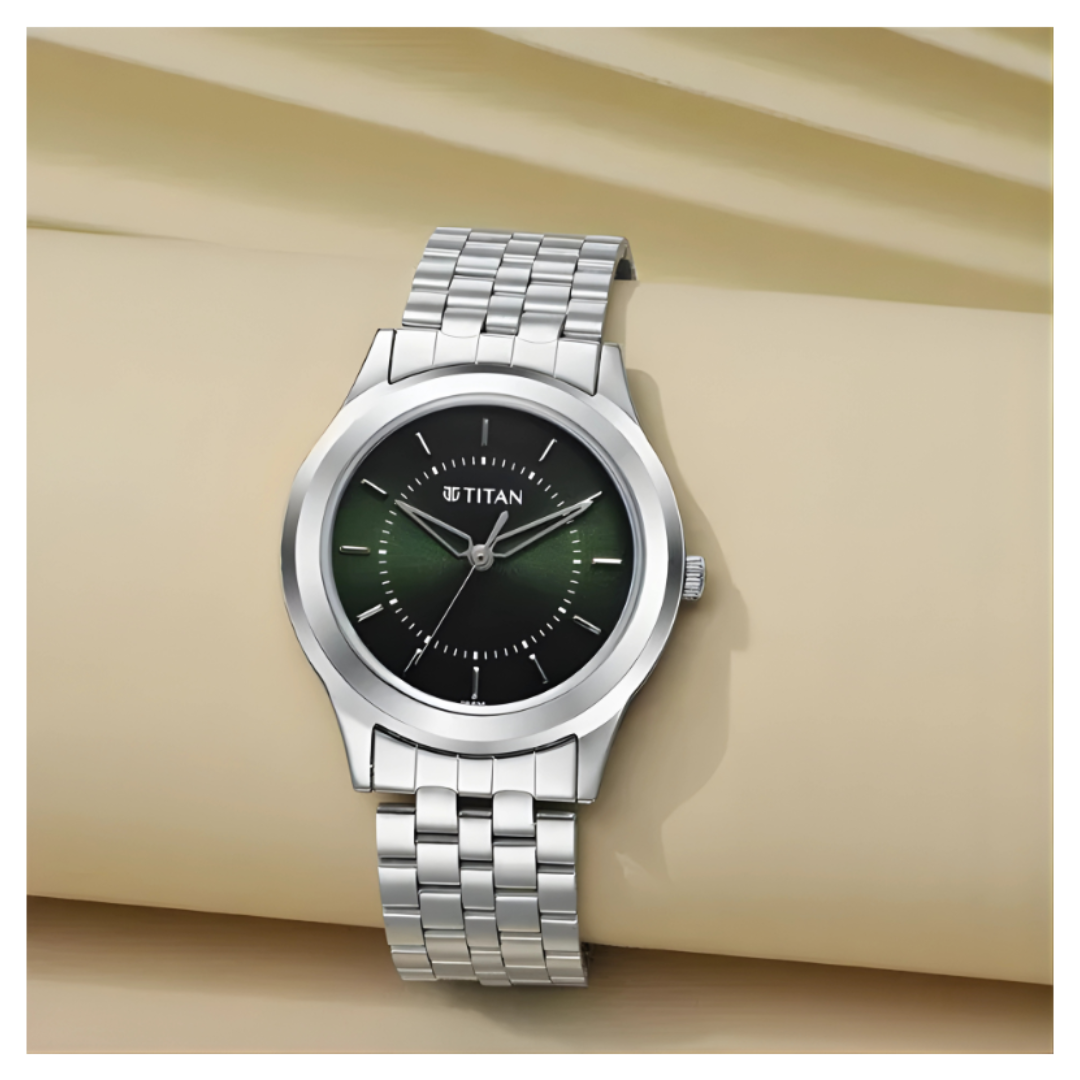 Titan 1648SM01 | Titan Karishma Zing Quartz Analog Green Dial Silver Stainless Steel Strap Watch For Men - 35 mm Dial Size - Small Dial