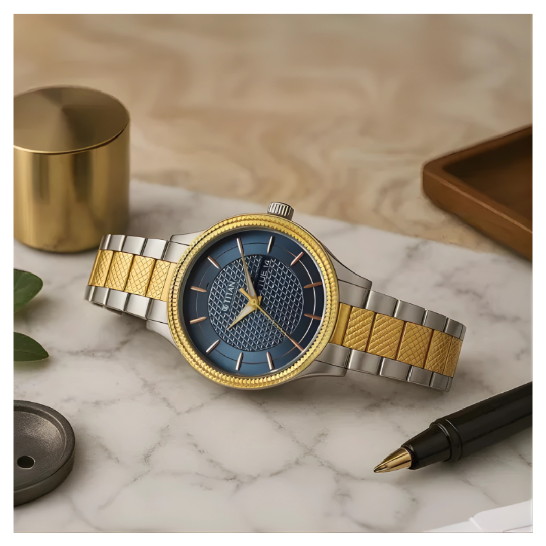 Titan 1650BM05 | Titan Karishma Wedding Edit Quartz Analog with Day and Date Blue Dial Stainless Steel Strap Watch For Men