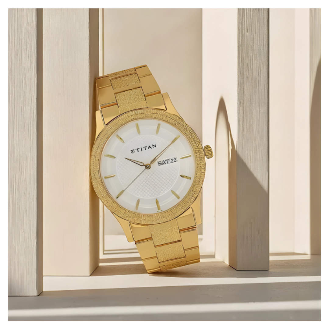 Titan 1650YM05 | Titan Quartz Analog with Day and Date Silver Dial Golden Stainless Steel Strap Watch For Men