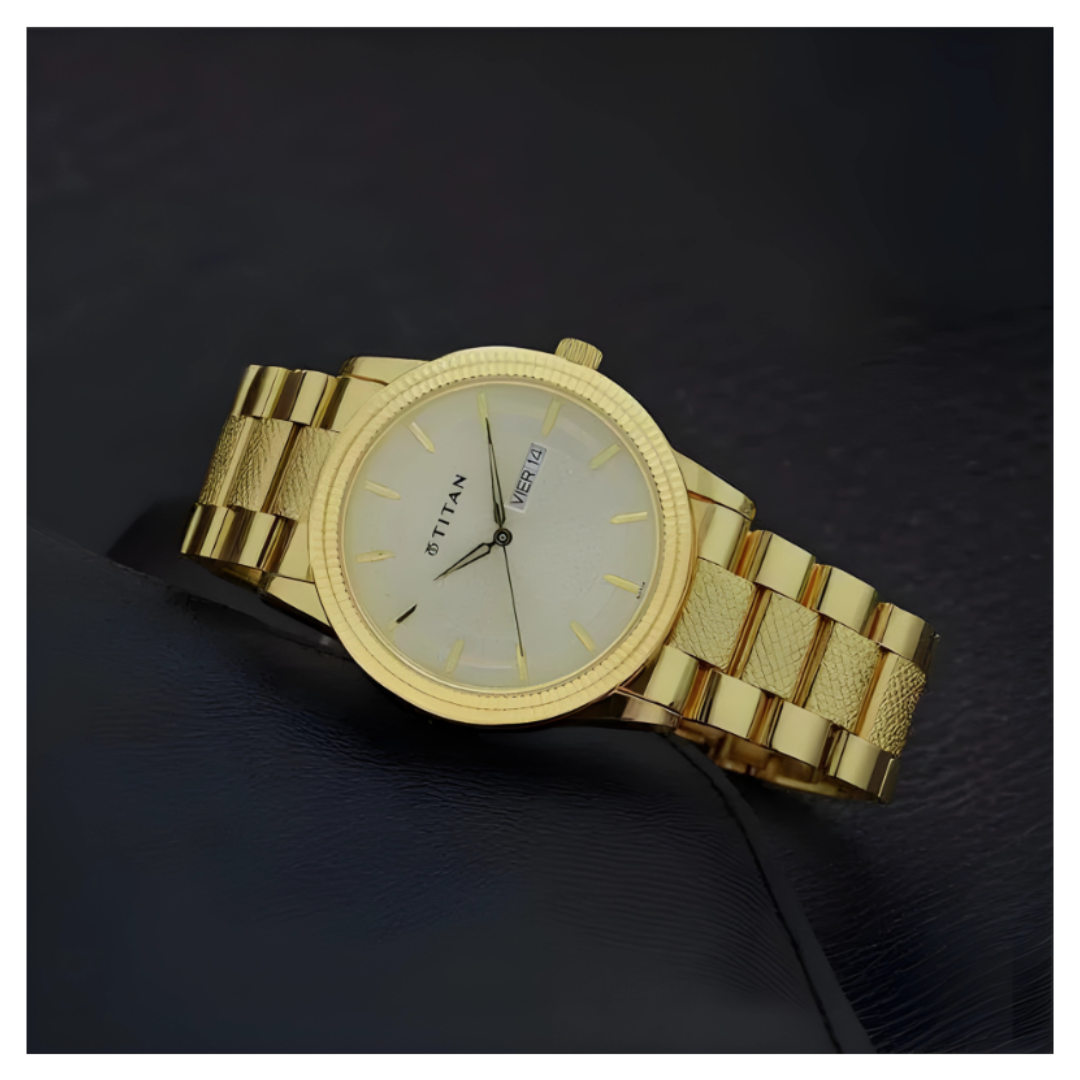 Titan 1650YM06 | Titan Analog with Day and Date Quartz Champagne Dial Metal Round Stainless Steel Strap watch for Men
