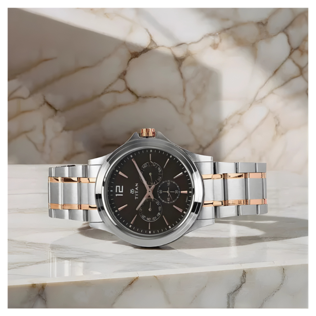 Titan 1698KM01 | Titan Workwear Quartz Multifunction Brown Dial Stainless Steel Strap watch for Men