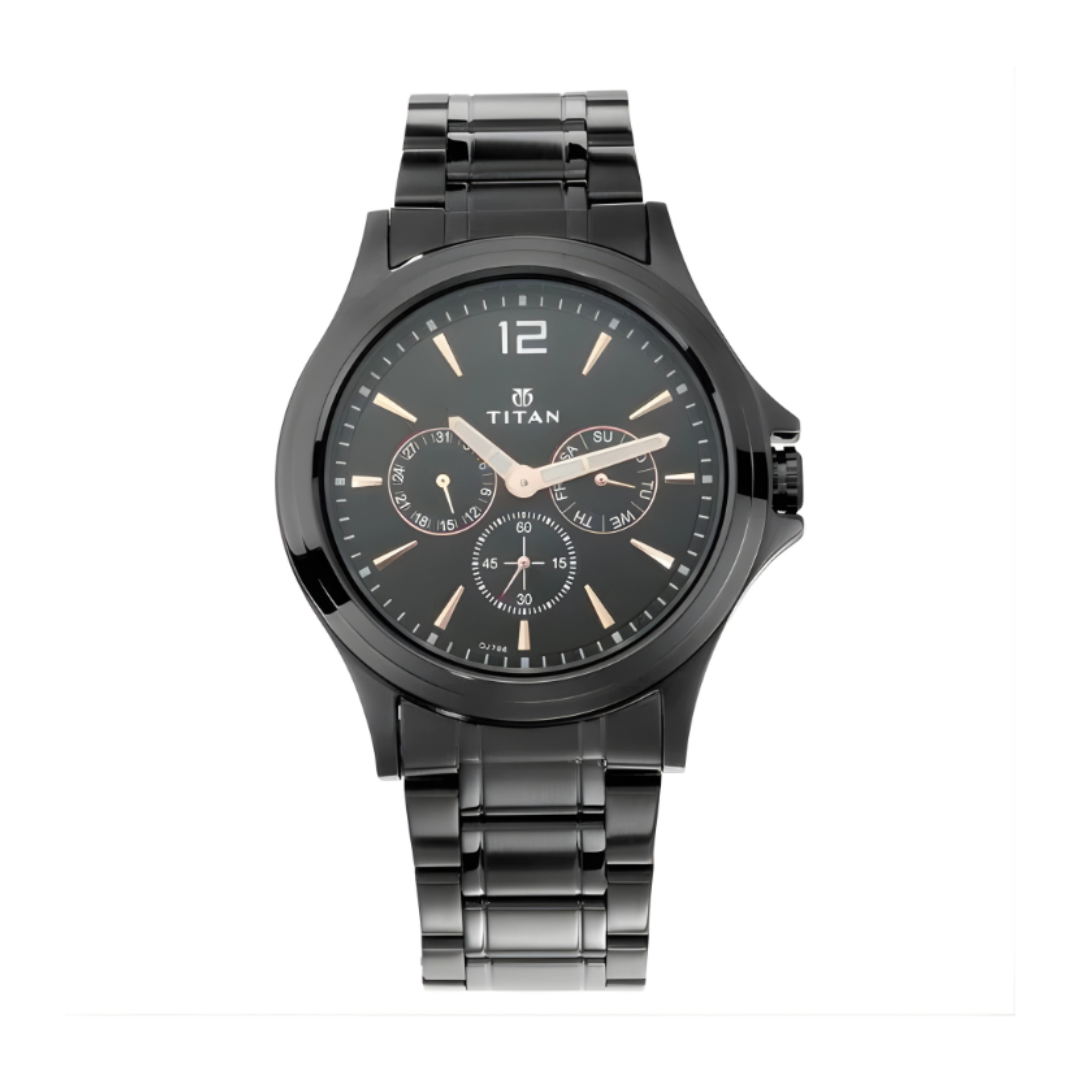 Titan 1698NM01 | Titan Quartz Multifunction Black Dial Stainless Steel Strap Watch for Men