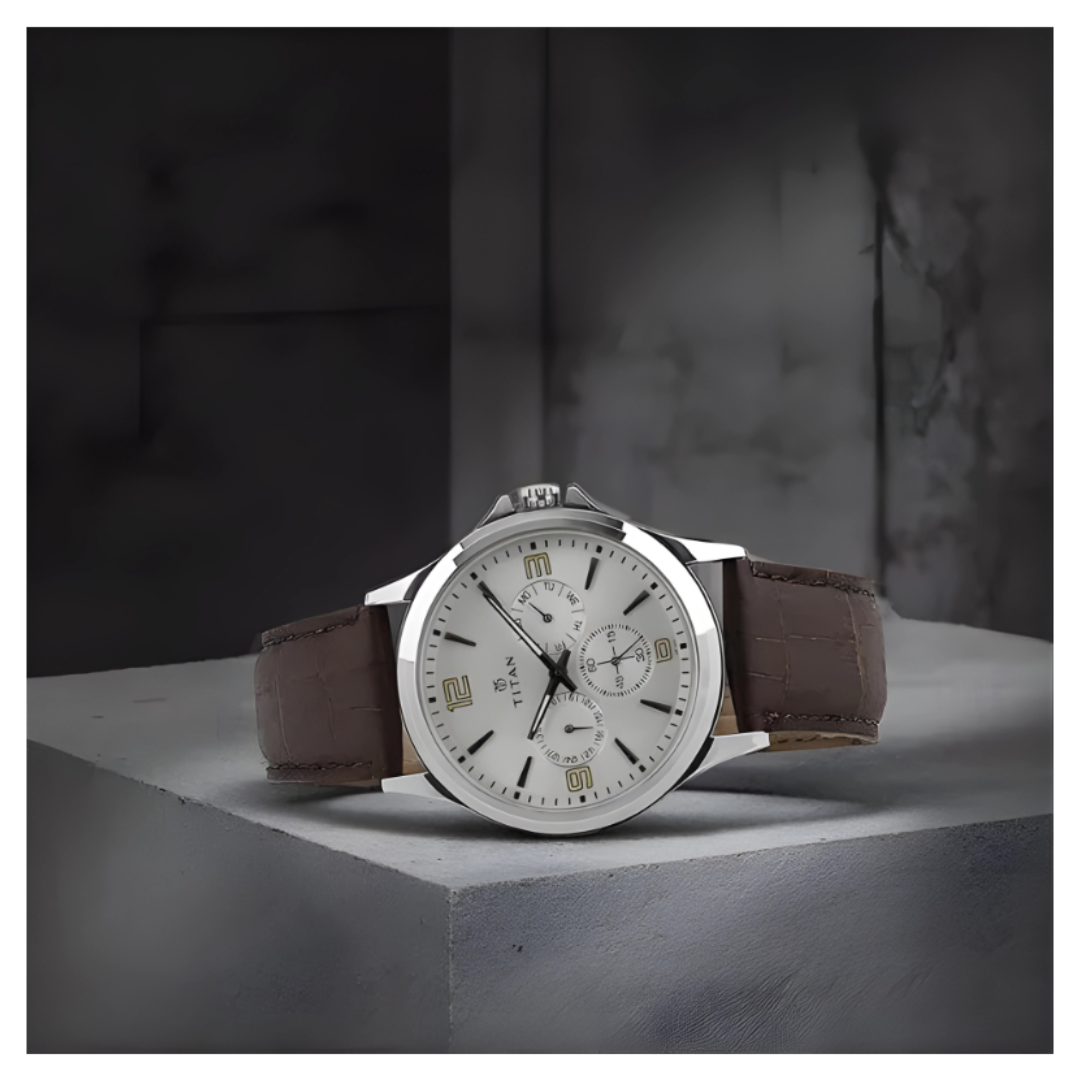 Titan 1698SL01 | Titan Quartz Multifunction Silver Dial Leather Strap Watch for Men