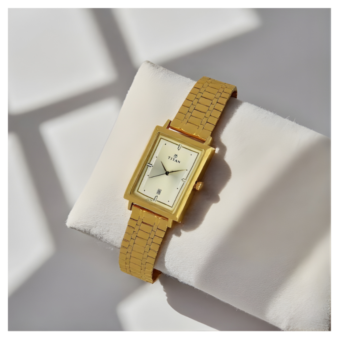 Titan 1715YM02 | Titan Quartz Analog with Date Champagne Dial Golden Stainless Steel Strap Rectangular Shaped Watch For Men
