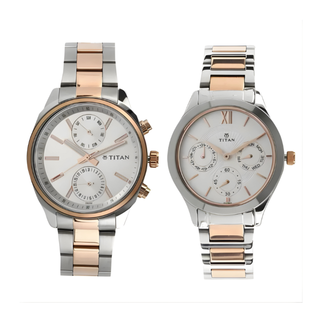 Titan 17332570KM01P | Titan Bandhan White Dial Quartz Multifunction Stainless Steel Strap watch for Couple