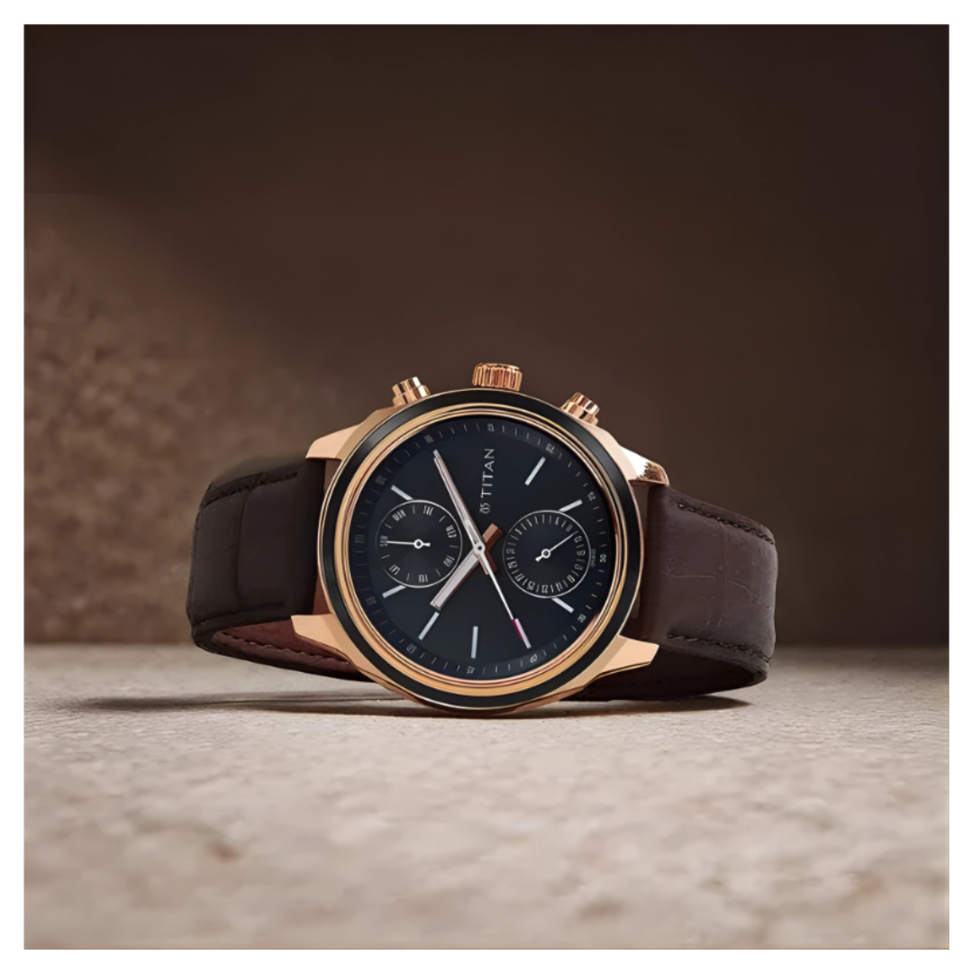 Titan 1733KL01 | Titan Men's Midnight Precision: Multifunction Blue Dial with Classic Leather Strap Watch