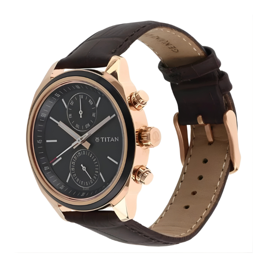 Titan 1733KL03 | Titan Quartz Multifunction Black Dial Leather Strap Watch for Men