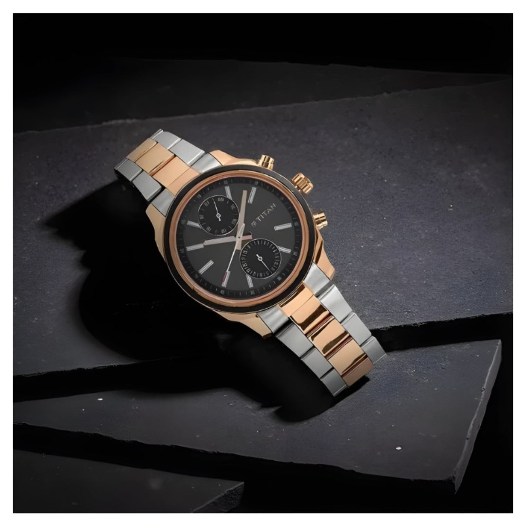 Titan 1733KM03 | Titan Men's Metropolitan Luxe: Multifunction Black Dial with Two-Tone Stainless Steel Bracelet Watch