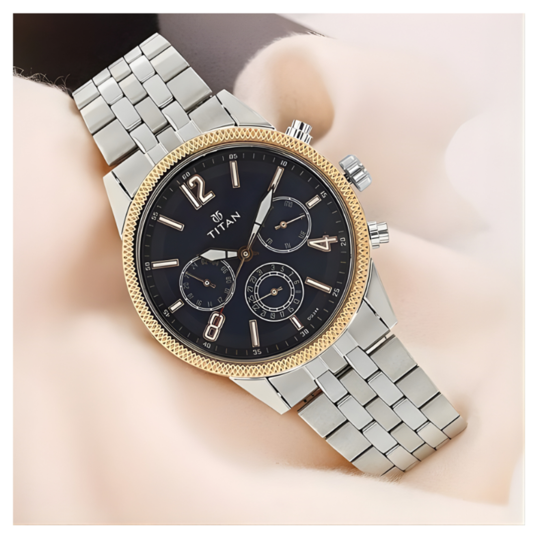 Titan 1734KM01 | Titan Men's Metropolitan Luxe: Multifunction blue Dial with Two-Tone Stainless Steel Bracelet Watch