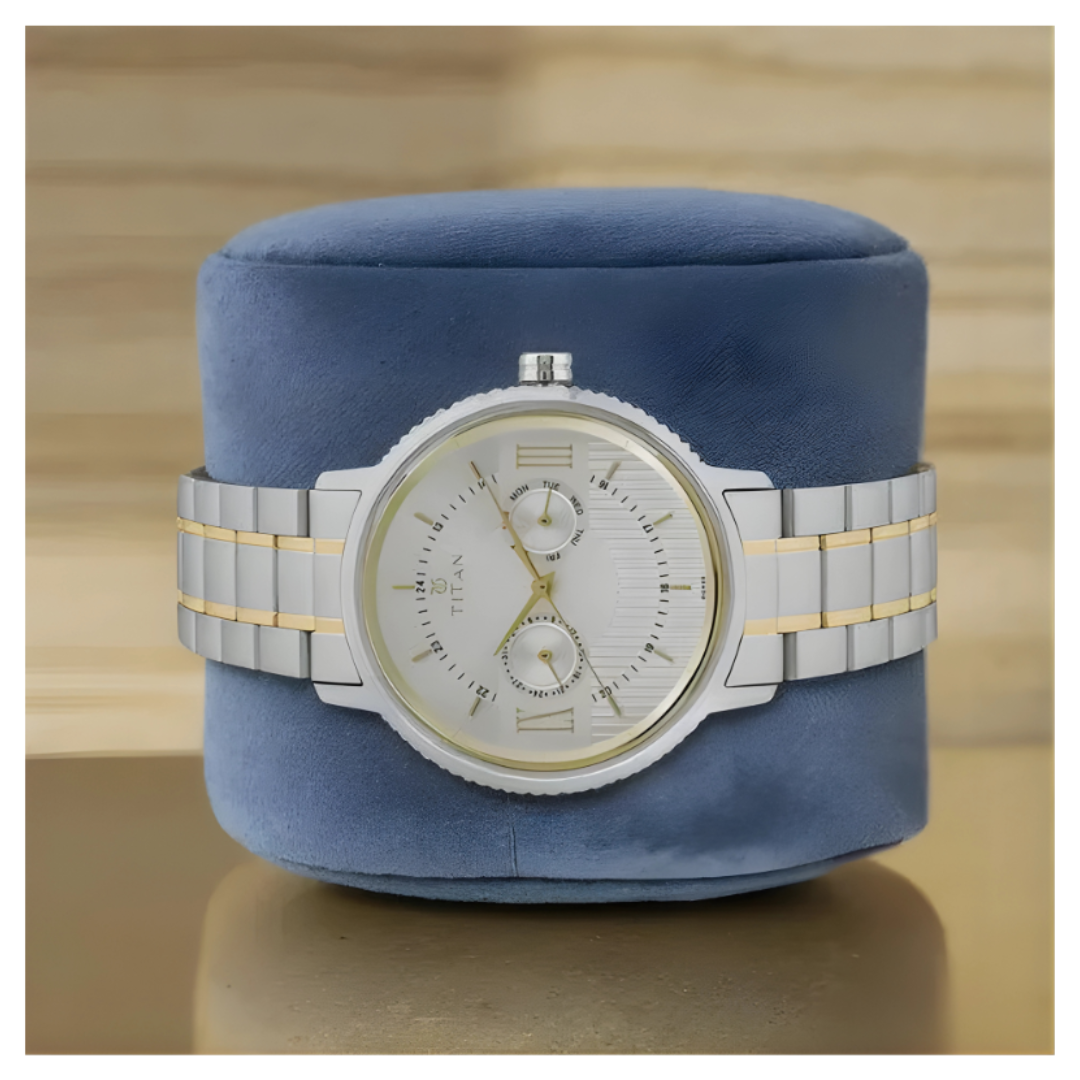 Titan 1743BM01 | Titan Regalia Baron Silver Dial Analog with Day and Date Stainless Steel Strap watch for Men