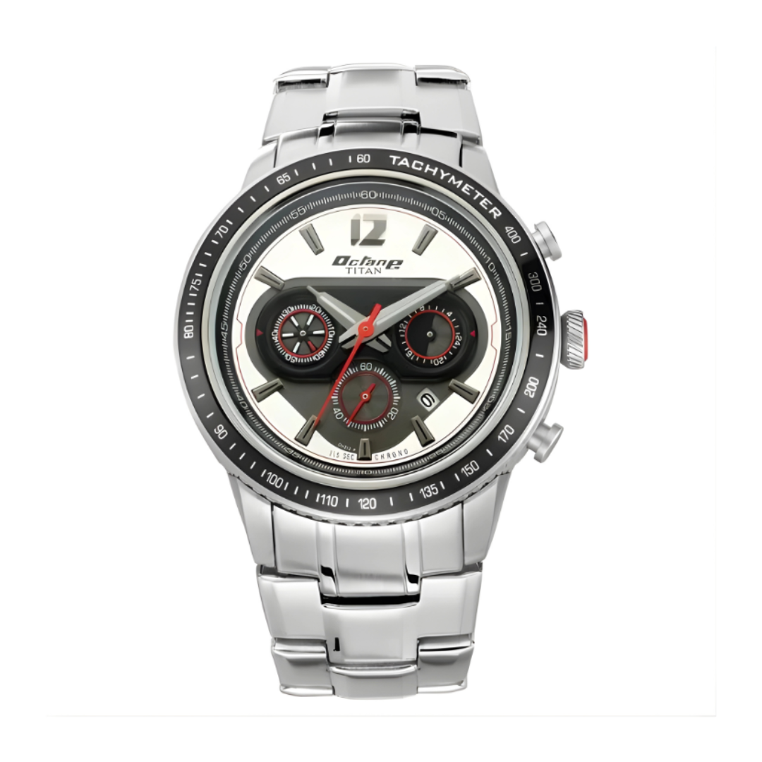 Titan 1762KM01 | Titan Octane Silver Dial Chronograph Metal Strap watch for Men