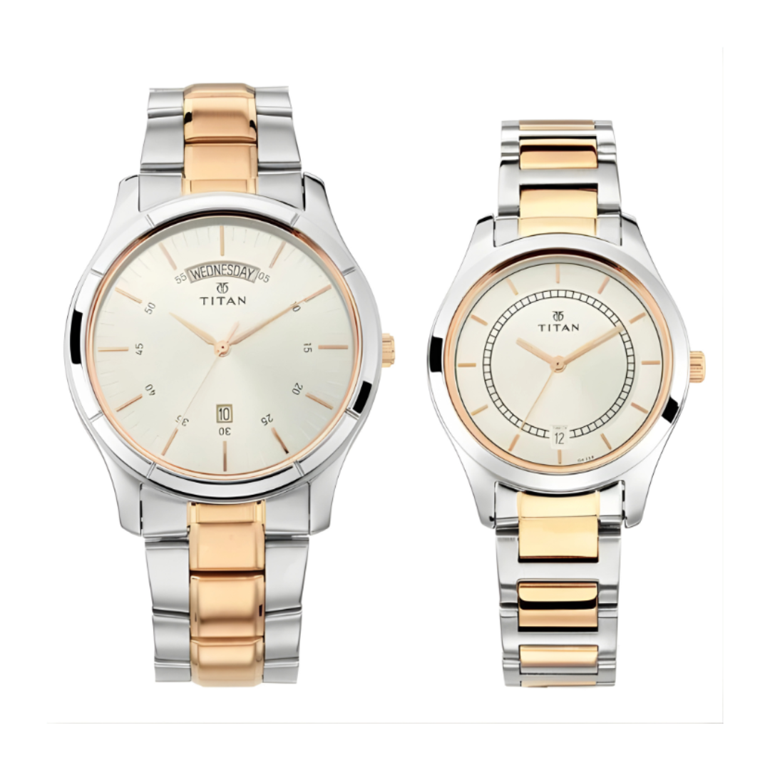 Titan 17672596KM01 | Titan Bandhan Quartz Analog with Day and Date Silver Dial Stainless Steel Strap Watch for Couple