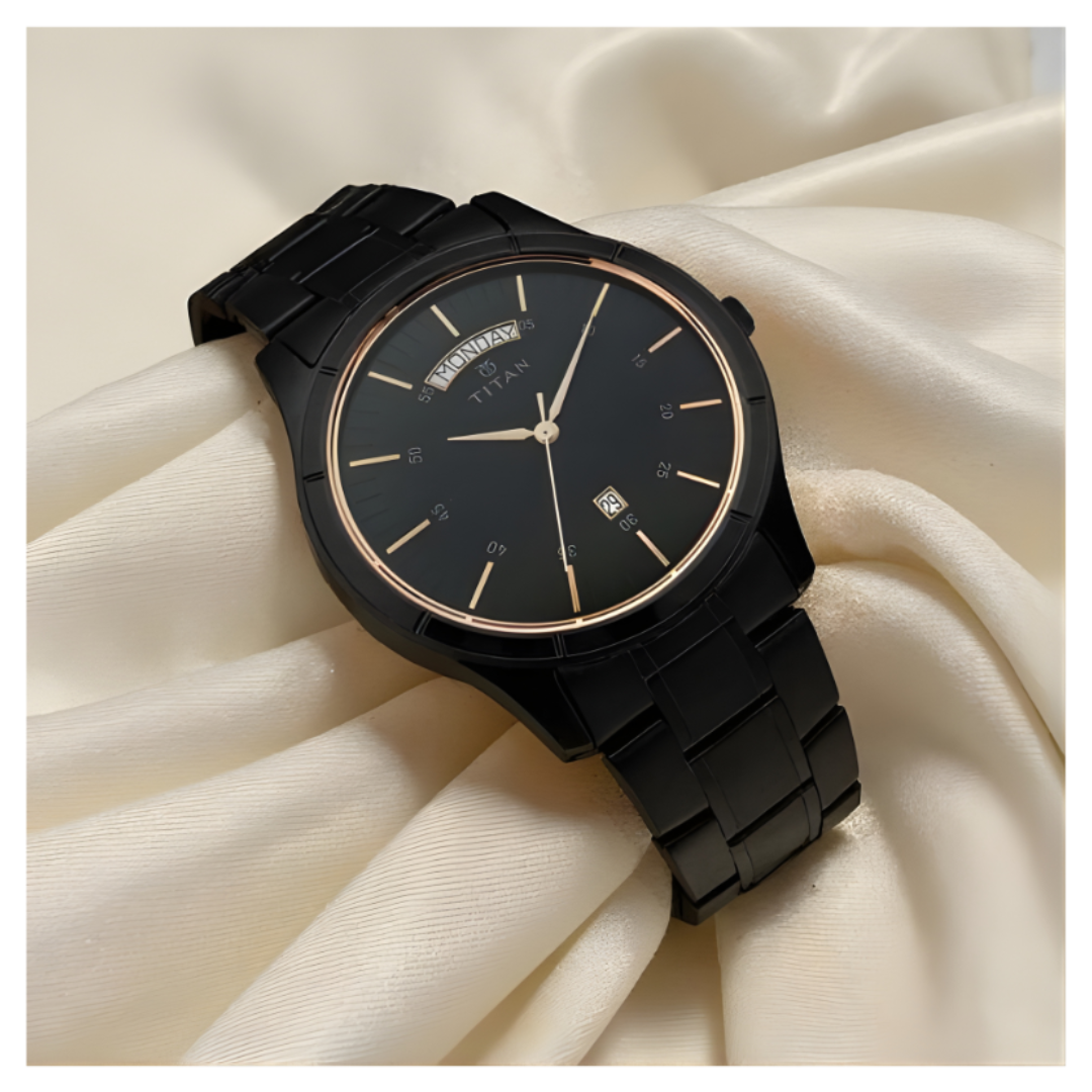 Titan 1767NM01 | Titan Quartz Analog with Day and Date Black Dial Black Stainless Steel Strap Watch For Men