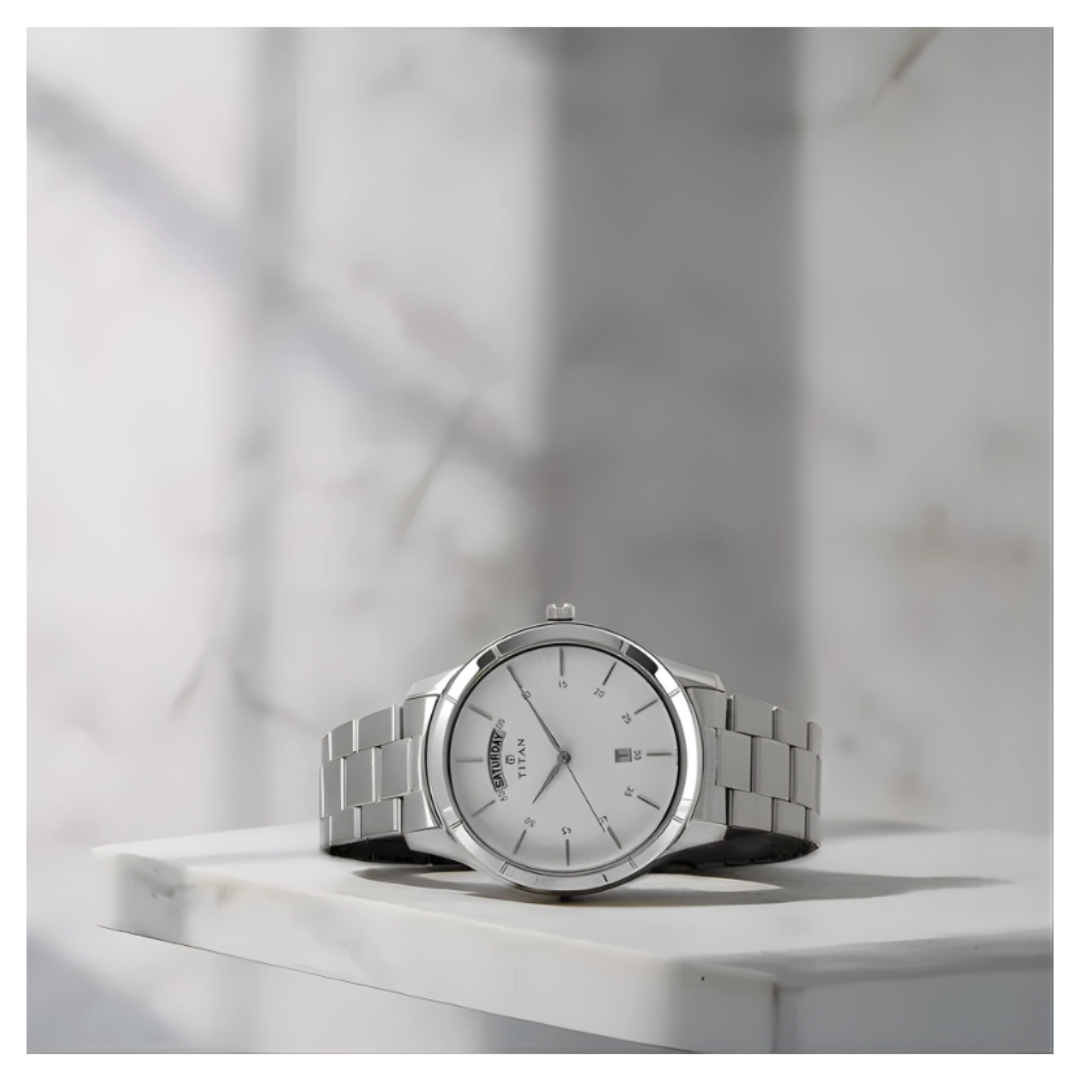 Titan 1767SM01 | Titan Workwear White Dial Analog with Day and Date Stainless Steel Strap watch for Men