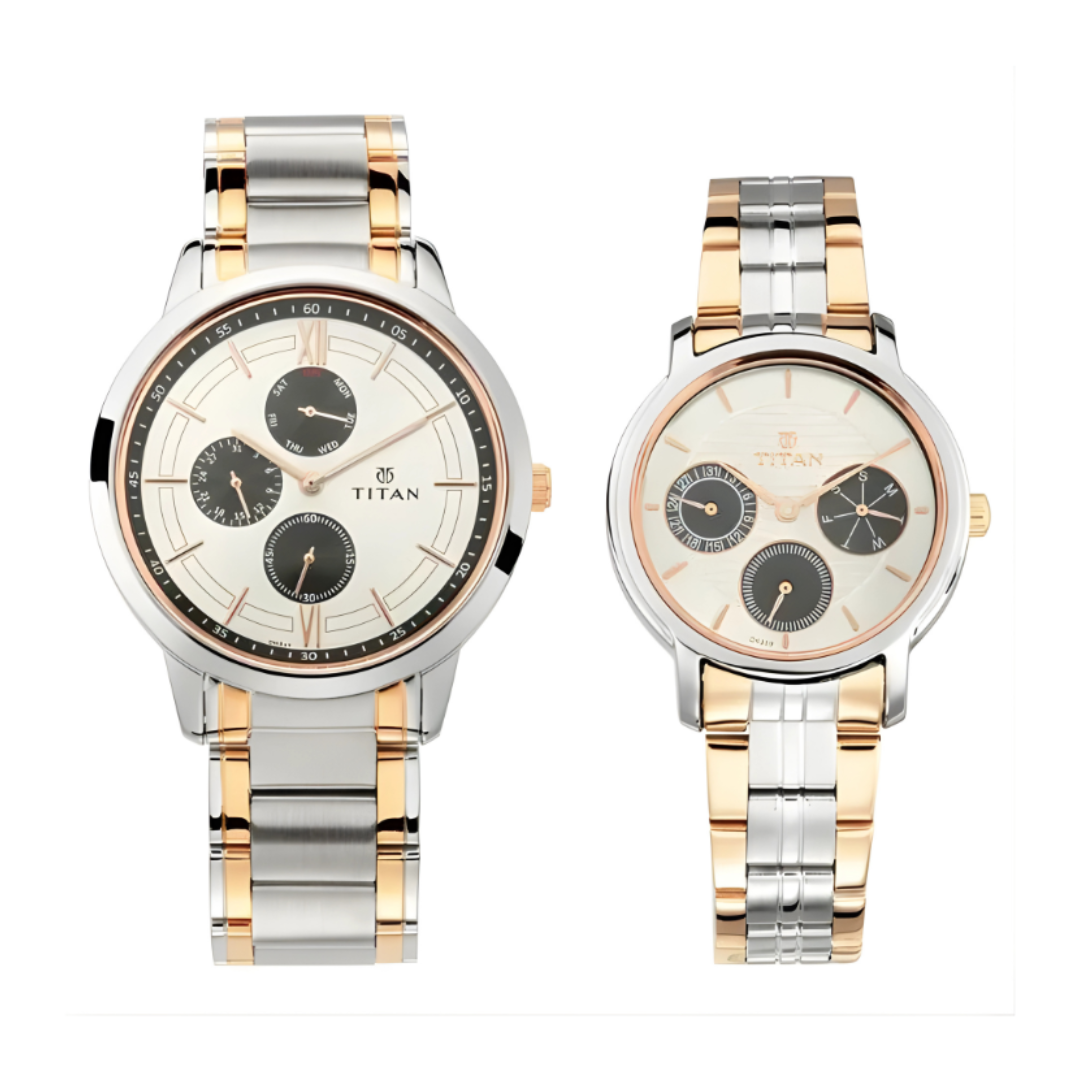 Titan 17692589KM01P | Titan Bandhan Silver Dial Quartz Multifunction Stainless Steel Strap watch for Couple