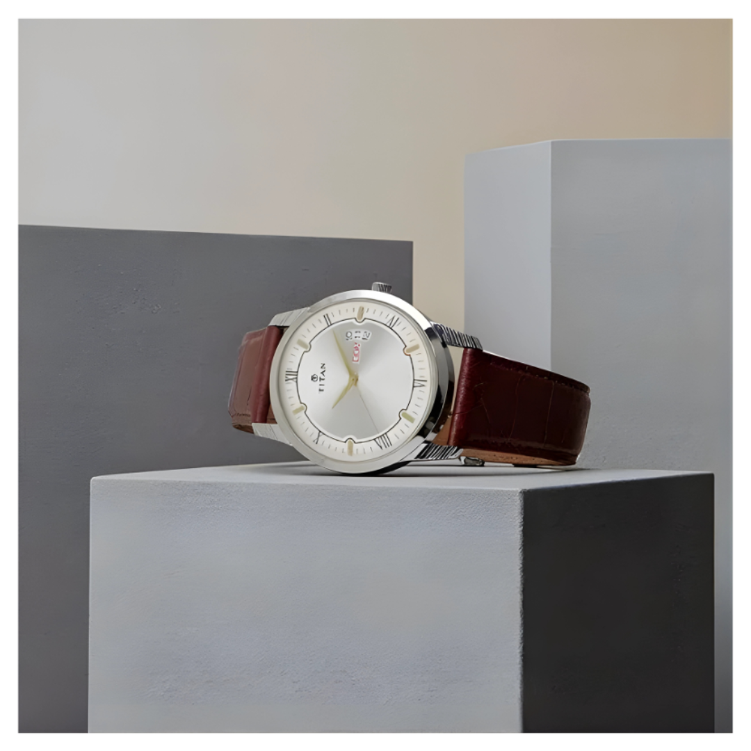 Titan 1774SL01 | Titan Quartz Analog with Day and Date Silver Dial Leather Strap Watch for Men