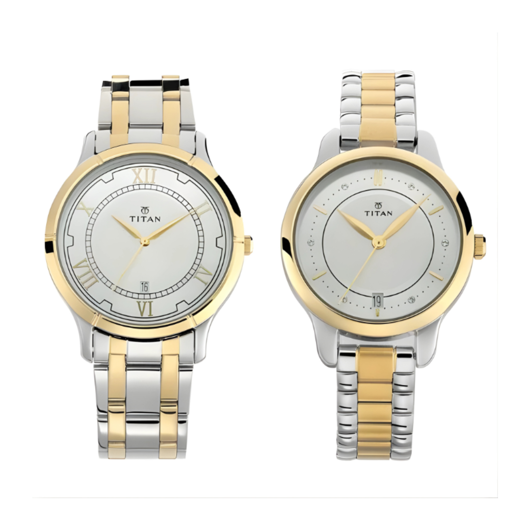 Titan 17752481BM01 |Titan Bandhan Quartz Analog with Date Silver Round Dial Two Toned Stainless Steel Strap Watch For Couple