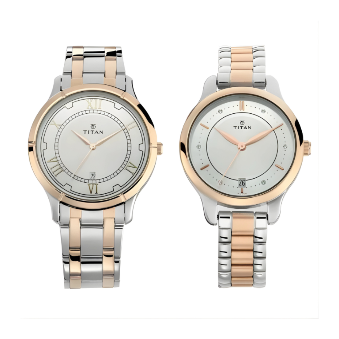 Titan 17752481KM01P | Titan Bandhan Quartz Analog with Date Silver Dial Two Toned Stainless Steel Strap Watch For Couple