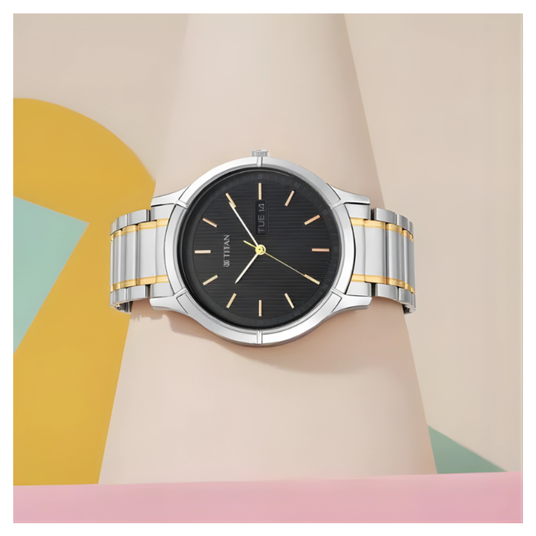 Titan 1775KM01 | Titan Quartz Analog with Day and Date Black Dial Metal Strap Watch for Men