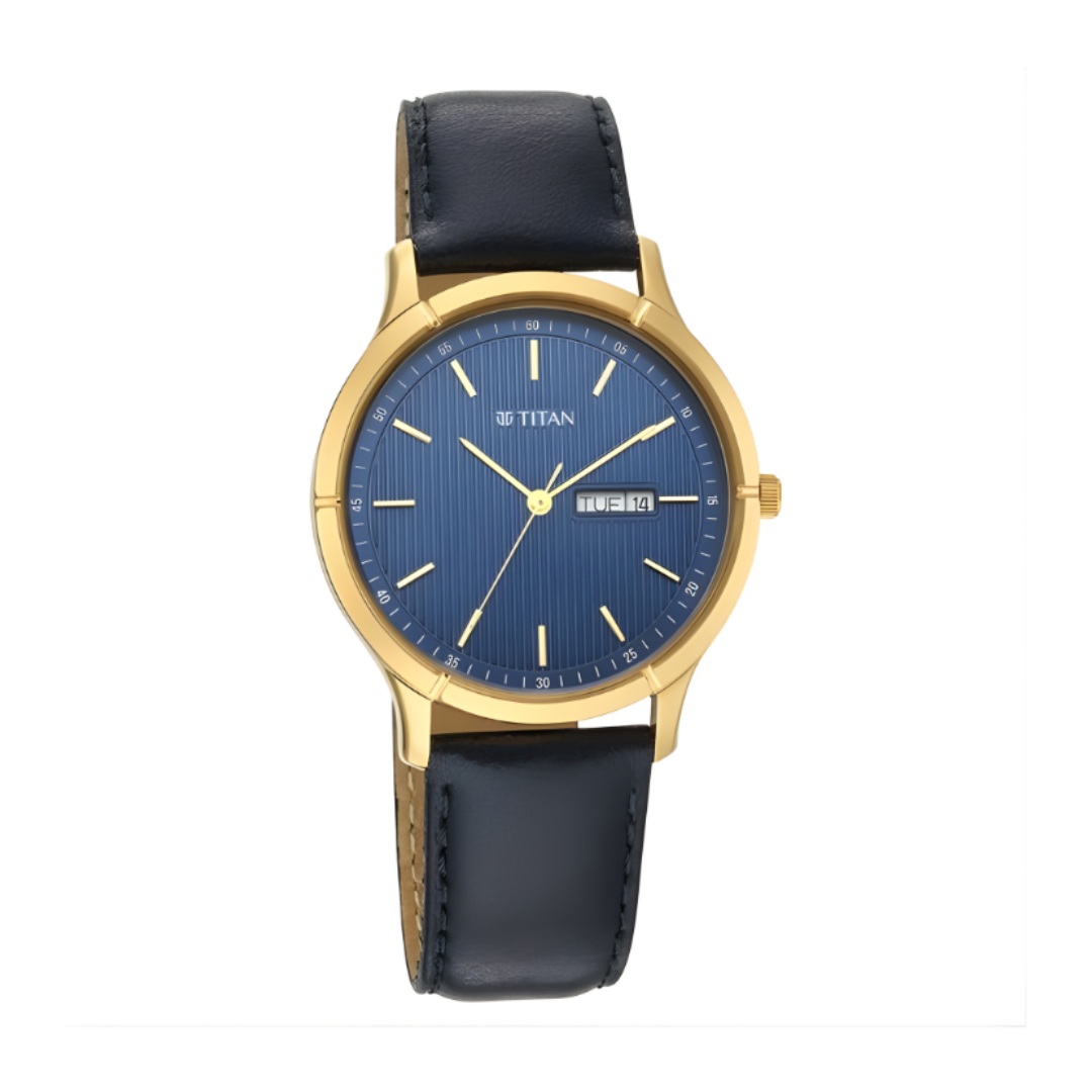 Titan 1775YL02 | Titan Lagan Blue Dial Analog with Day and Date Leather Strap Watch for Men