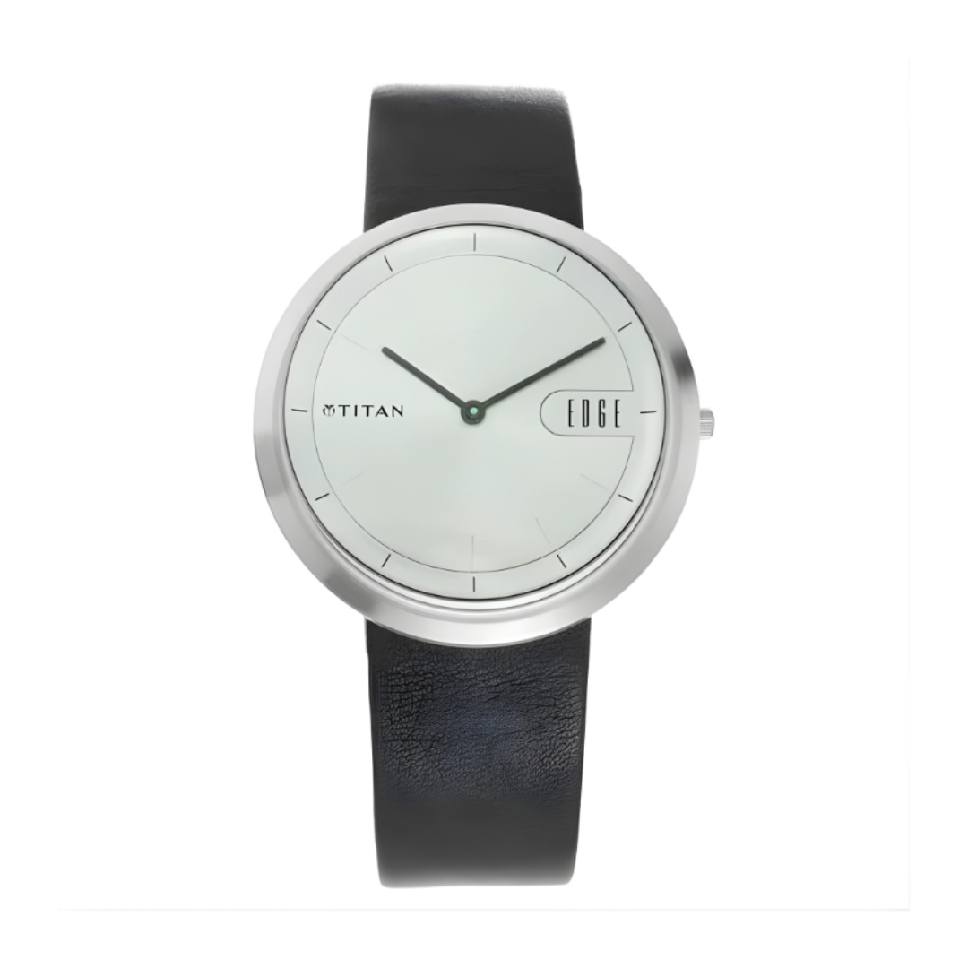 Titan 7779SL01 | Titan Edge Zen Quartz Analog Silver Dial Black Leather Strap Watch For Men