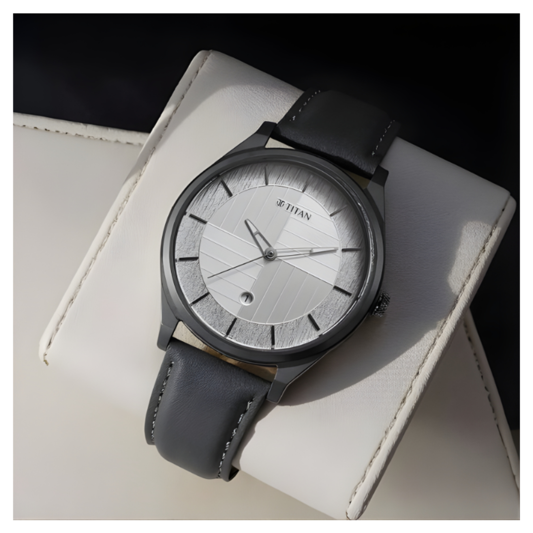 Titan 1802QL01 | Titan Neo Economy Quartz Analog with Date Silver Dial Grey Leather Strap Watch For Men