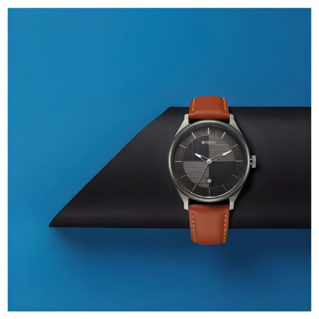 Titan 1802QL03 Titan Neo Economy Quartz Analog with Date Grey Dial Brown Leather Strap Watch For Men