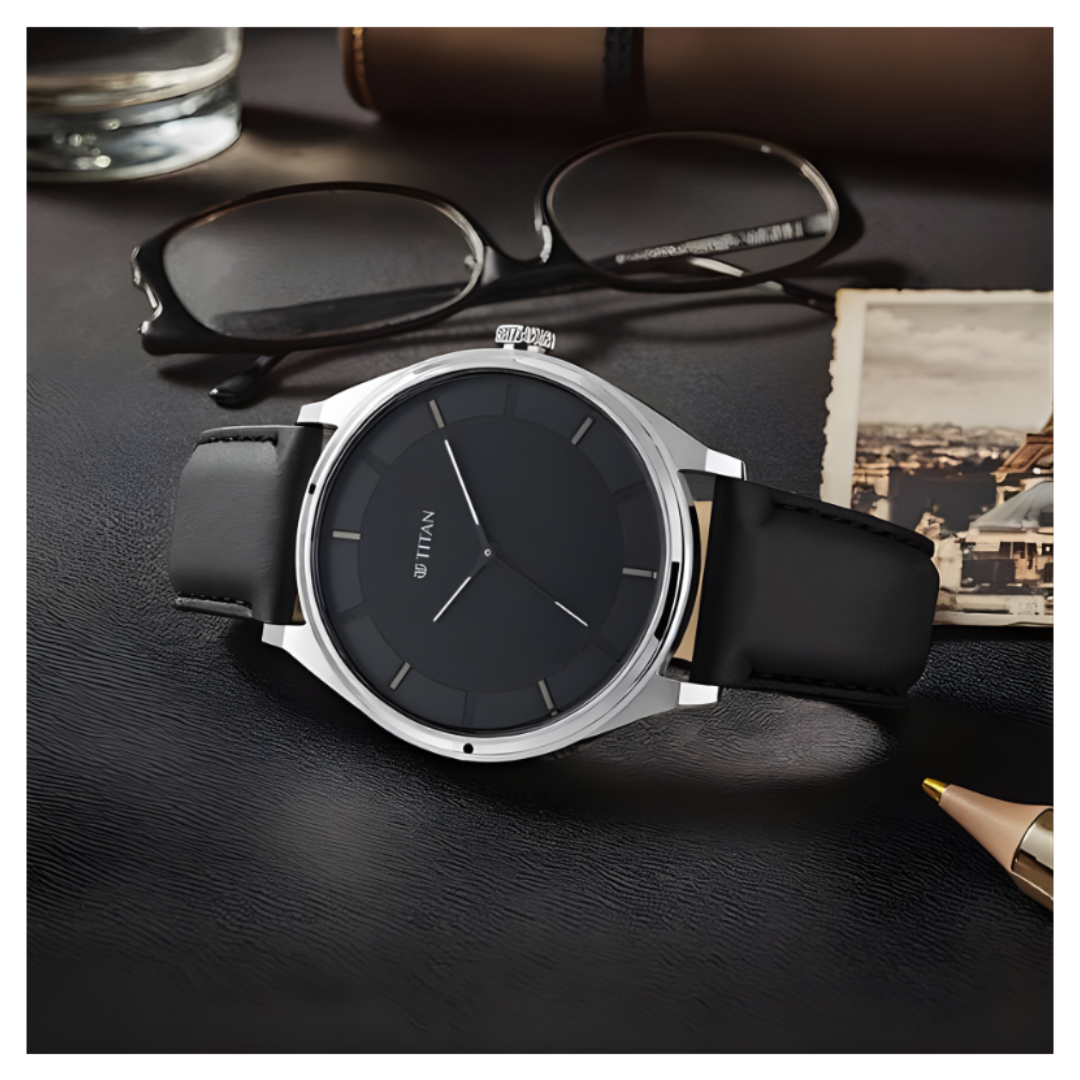 Titan 1802SL11 | Titan Workwear Quartz Analog Black Dial Black Leather Strap Watch For Men