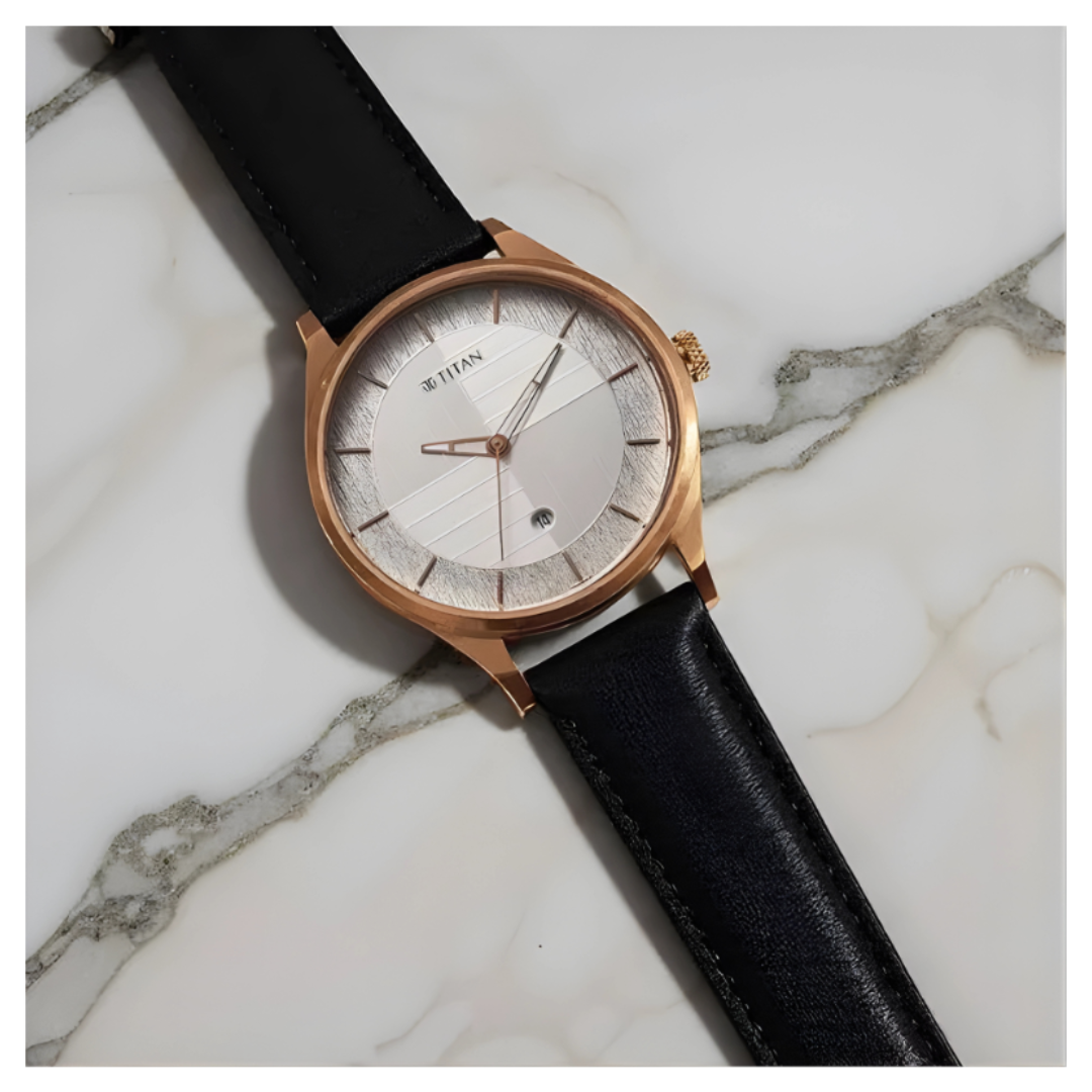 Titan 1802WL02 | Titan Neo Economy Quartz Analog with Date Silver Dial Black Leather Strap Watch For Men