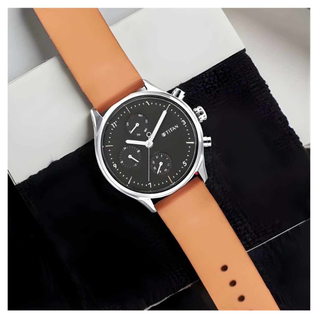 Titan 1803SL02 | Titan Neo Black Dial Quartz Multifunction Leather Strap watch for Men