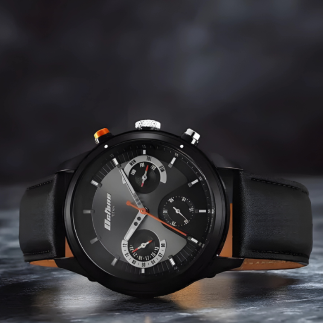 Titan 1805KL02 | Titan Octane Quartz Multifunction Black Dial With Black Leather Strap Watch For Men